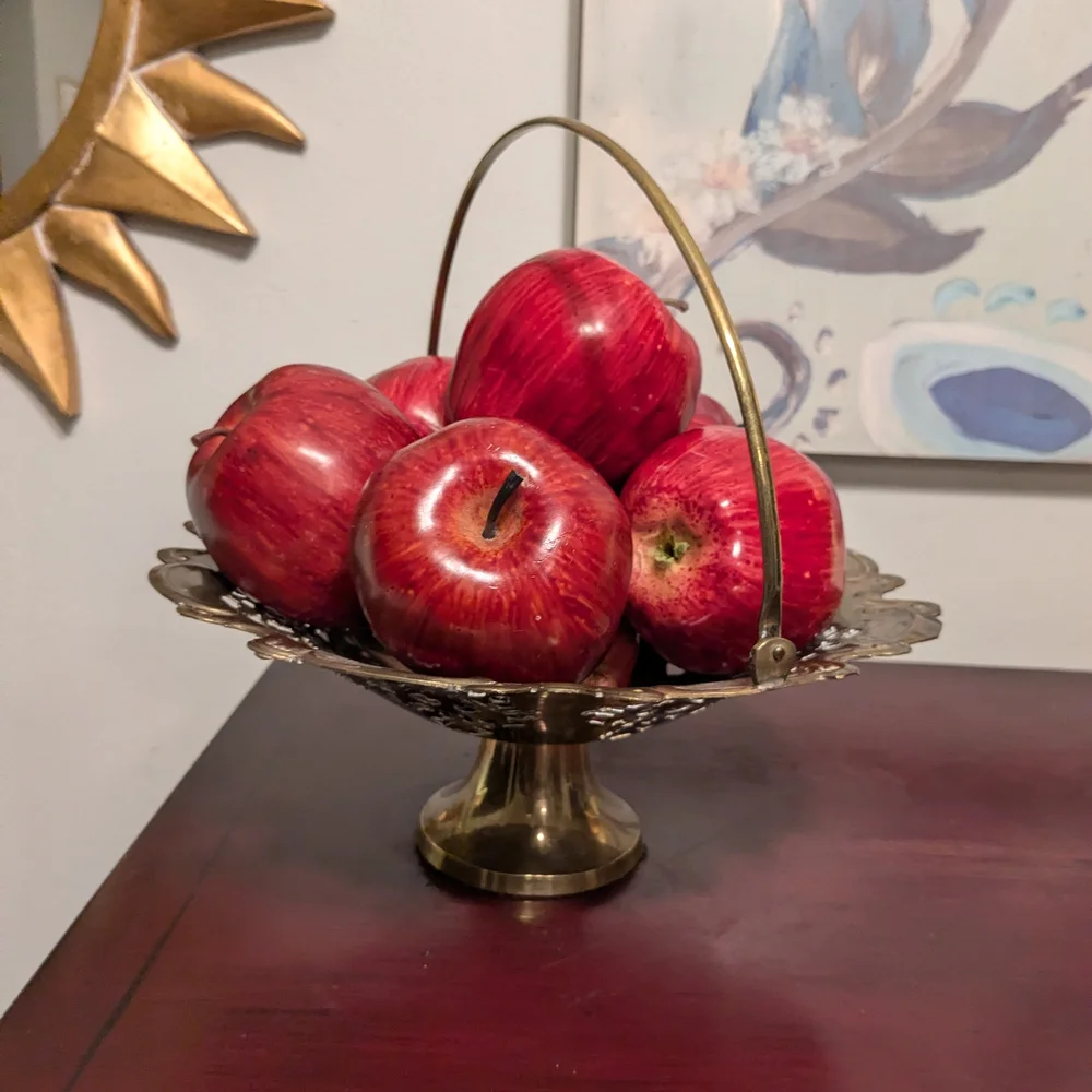 Vintage Brass Decorative Bowl Basket With Handle Victorian Pedestal